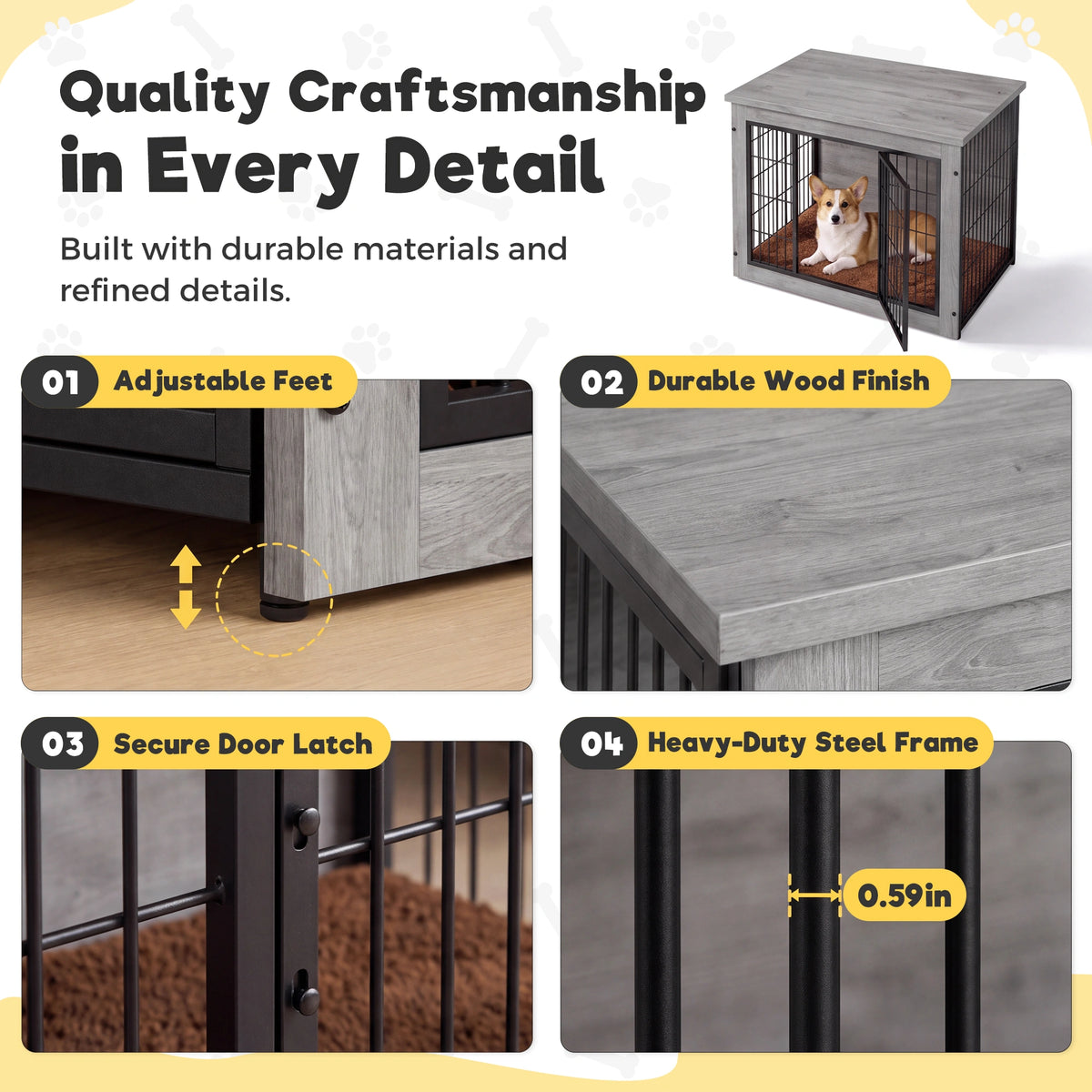 Warcat 3-in-1 Wooden Dog Crate End Table, Furniture Style Dog Crate with Cushion for Medium Dogs, Light Gray