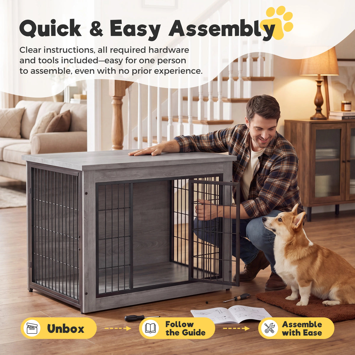 Warcat 3-in-1 Wooden Dog Crate End Table, Furniture Style Dog Crate with Cushion for Medium Dogs, Light Gray