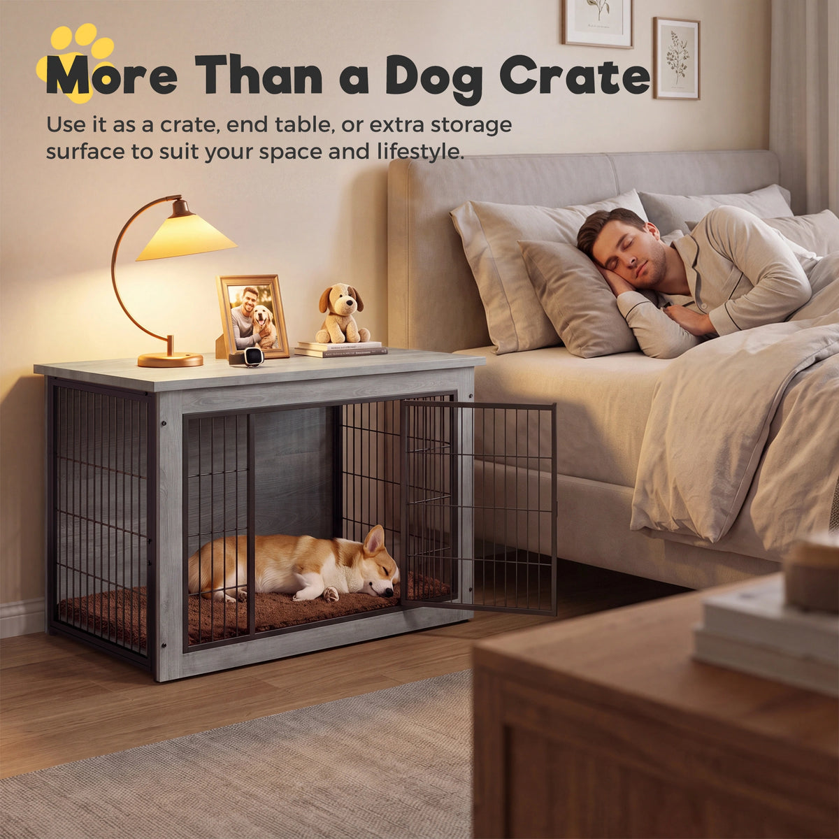 Warcat 3-in-1 Wooden Dog Crate End Table, Furniture Style Dog Crate with Cushion for Medium Dogs, Light Gray