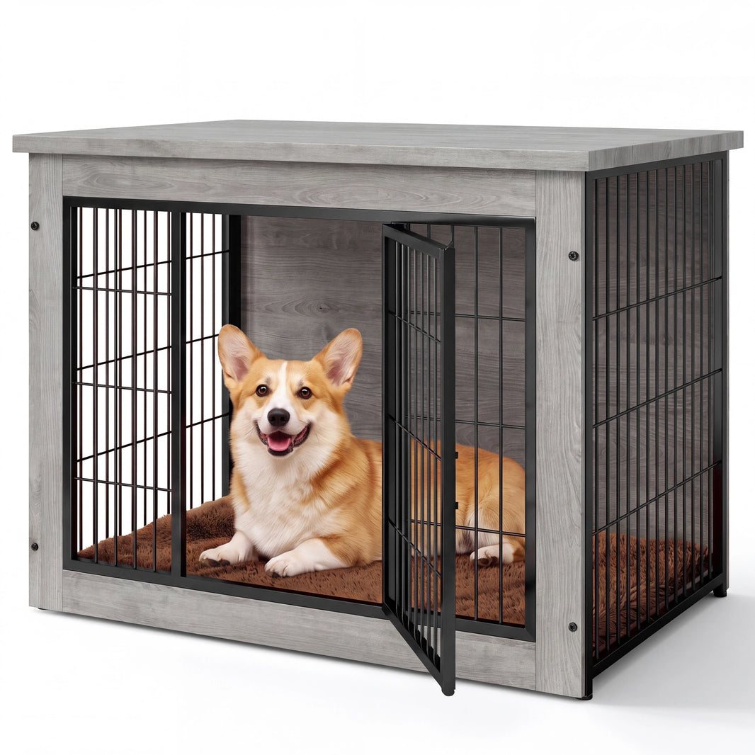 Warcat 3-in-1 Wooden Dog Crate End Table, Furniture Style Dog Crate with Cushion for Medium Dogs, Light Gray
