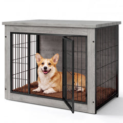 Warcat 3-in-1 Wooden Dog Crate End Table, Furniture Style Dog Crate with Cushion for Medium Dogs, Light Gray