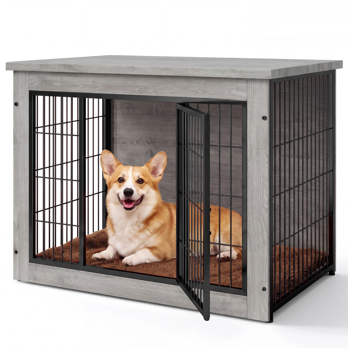 Warcat 3-in-1 Wooden Dog Crate End Table, Furniture Style Dog Crate with Cushion for Medium Dogs, Light Gray