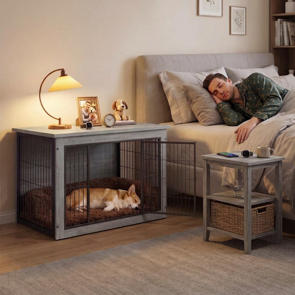 Warcat 3-in-1 Wooden Dog Crate End Table, Furniture Style Dog Crate with Cushion for Medium Dogs, Light Gray