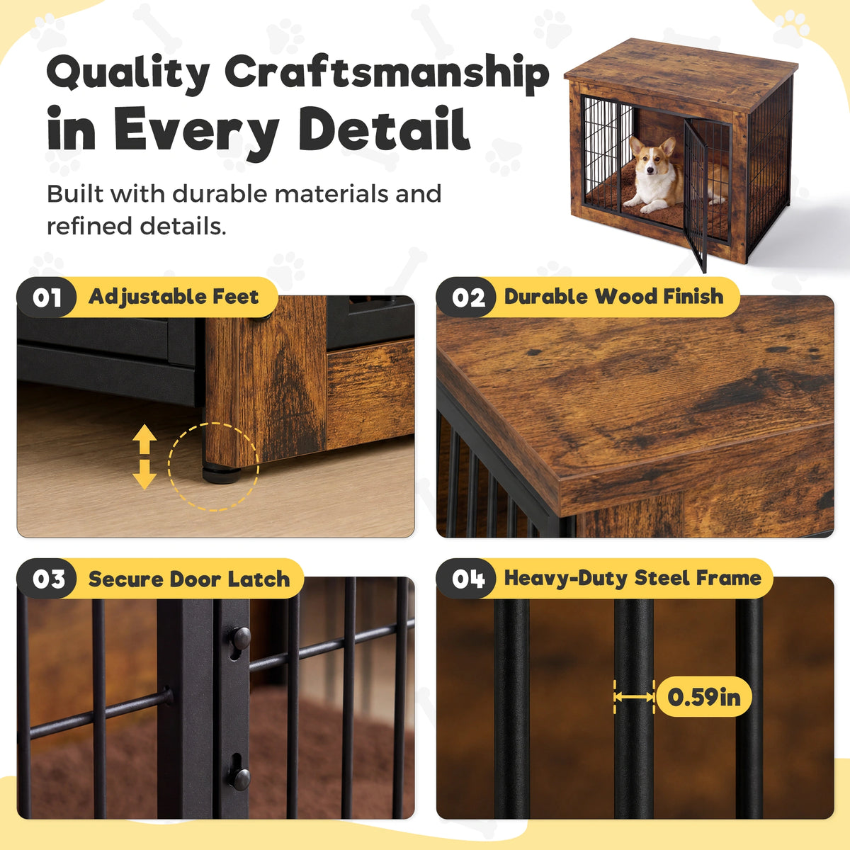 Warcat 3-in-1 Wooden Dog Crate End Table, Furniture Style Dog Crate with Cushion for Medium Dogs, Rustic Brown
