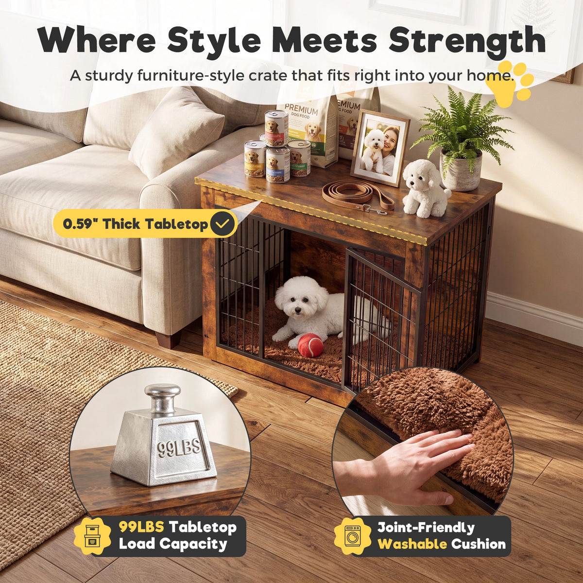Warcat 3-in-1 Wooden Dog Crate End Table, Furniture Style Dog Crate with Cushion for Medium Dogs, Rustic Brown