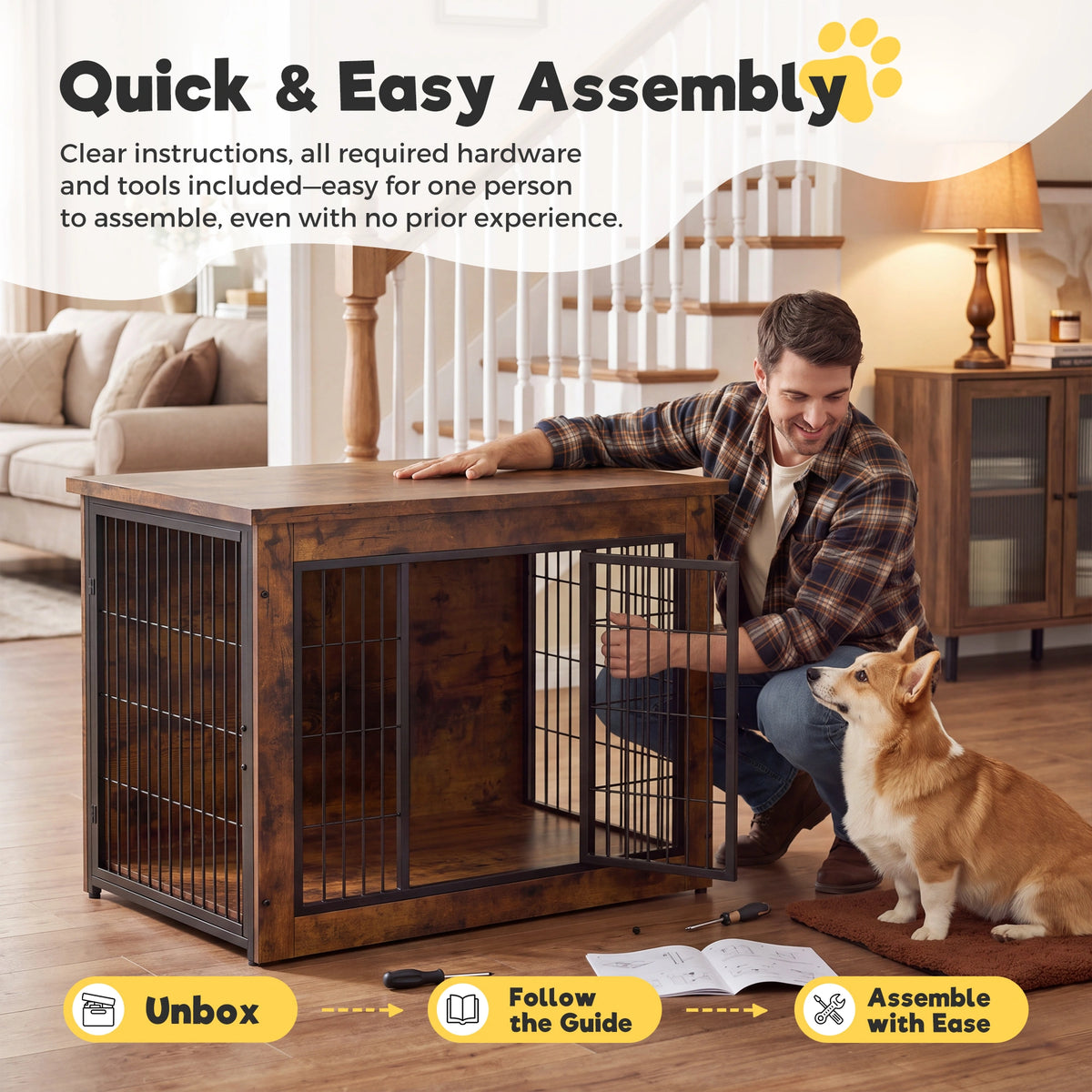 Warcat 3-in-1 Wooden Dog Crate End Table, Furniture Style Dog Crate with Cushion for Medium Dogs, Rustic Brown