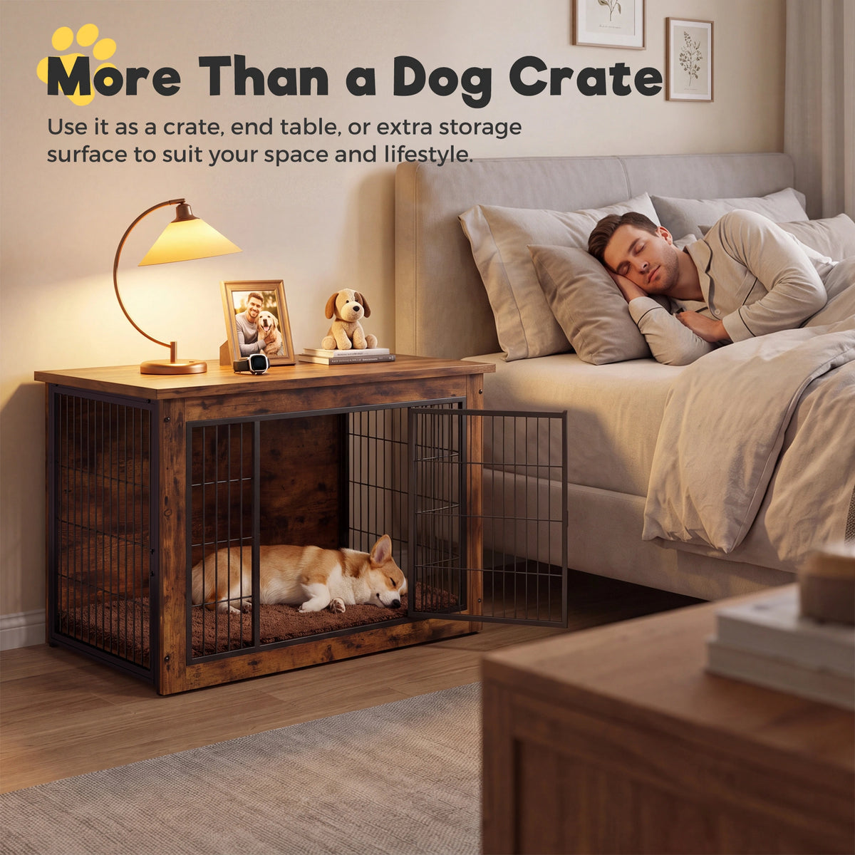 Warcat 3-in-1 Wooden Dog Crate End Table, Furniture Style Dog Crate with Cushion for Medium Dogs, Rustic Brown