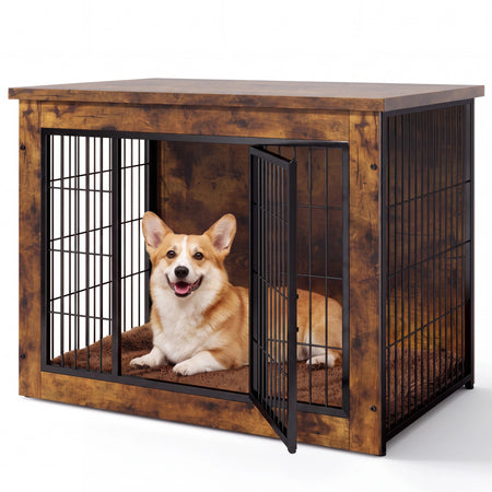 Warcat 3-in-1 Wooden Dog Crate End Table, Furniture Style Dog Crate with Cushion for Medium Dogs, Rustic Brown