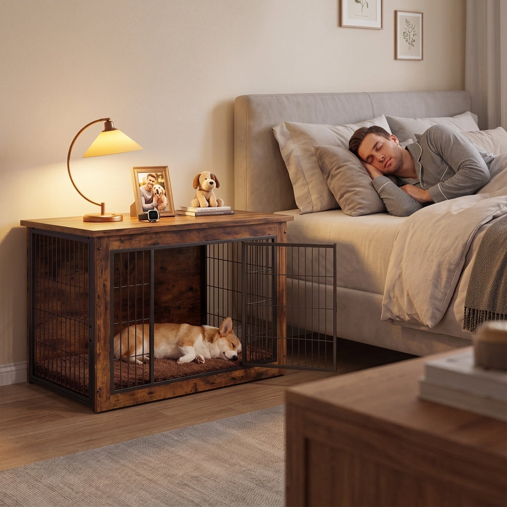 Warcat 3-in-1 Wooden Dog Crate End Table, Furniture Style Dog Crate with Cushion for Medium Dogs, Rustic Brown