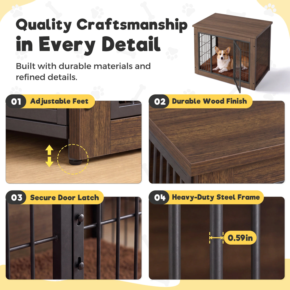 Warcat 3-in-1 Wooden Dog Crate End Table, Furniture Style Dog Crate with Cushion for Medium Dogs, Brown
