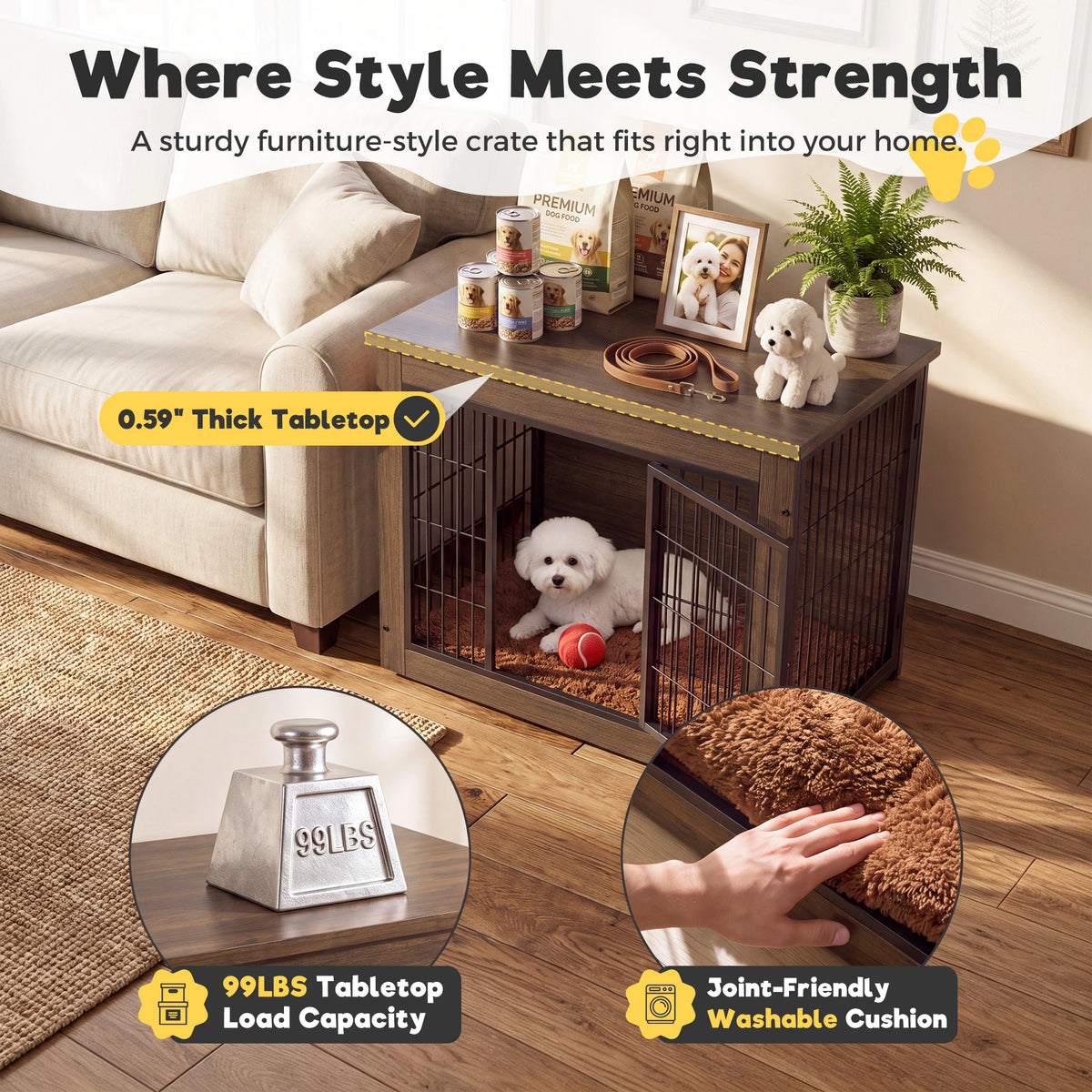 Warcat 3-in-1 Wooden Dog Crate End Table, Furniture Style Dog Crate with Cushion for Medium Dogs, Brown