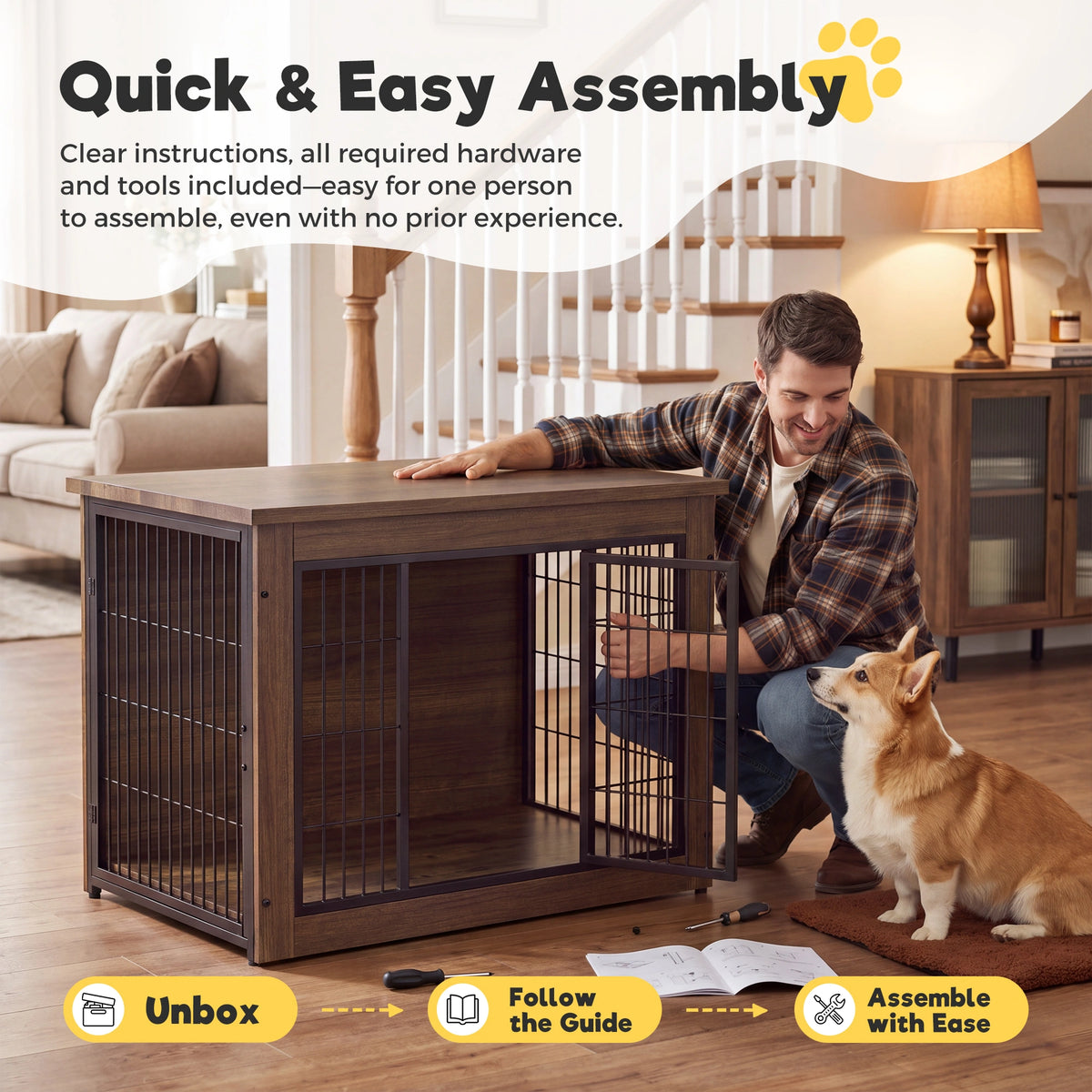 Warcat 3-in-1 Wooden Dog Crate End Table, Furniture Style Dog Crate with Cushion for Medium Dogs, Brown