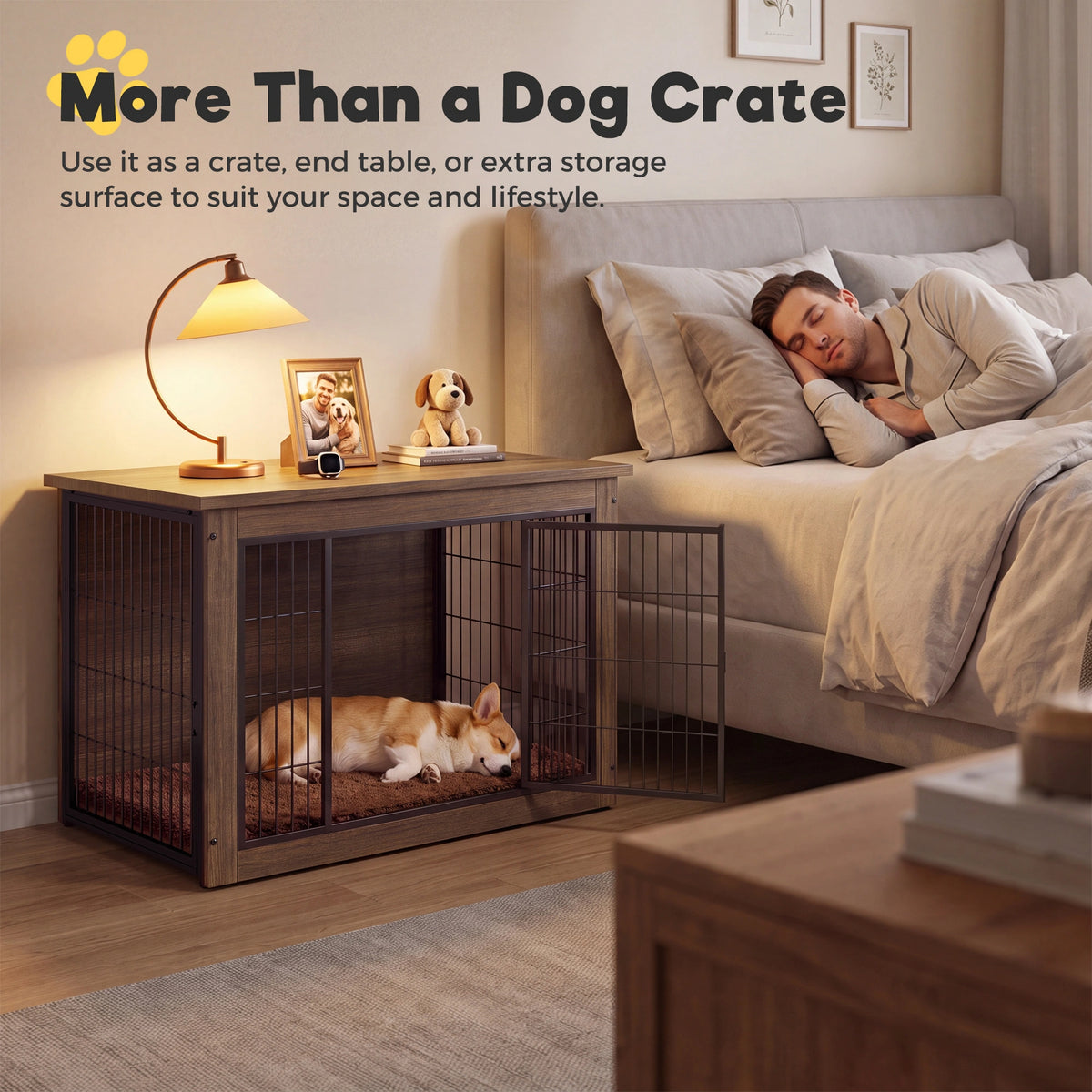 Warcat 3-in-1 Wooden Dog Crate End Table, Furniture Style Dog Crate with Cushion for Medium Dogs, Brown