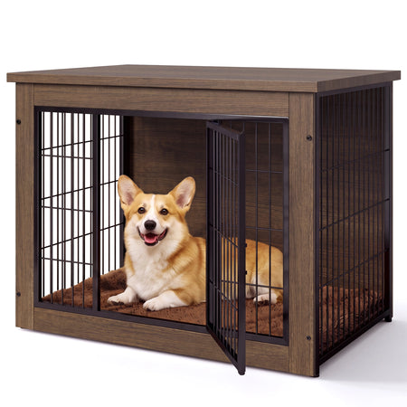 Warcat 3-in-1 Wooden Dog Crate End Table, Furniture Style Dog Crate with Cushion for Medium Dogs, Brown