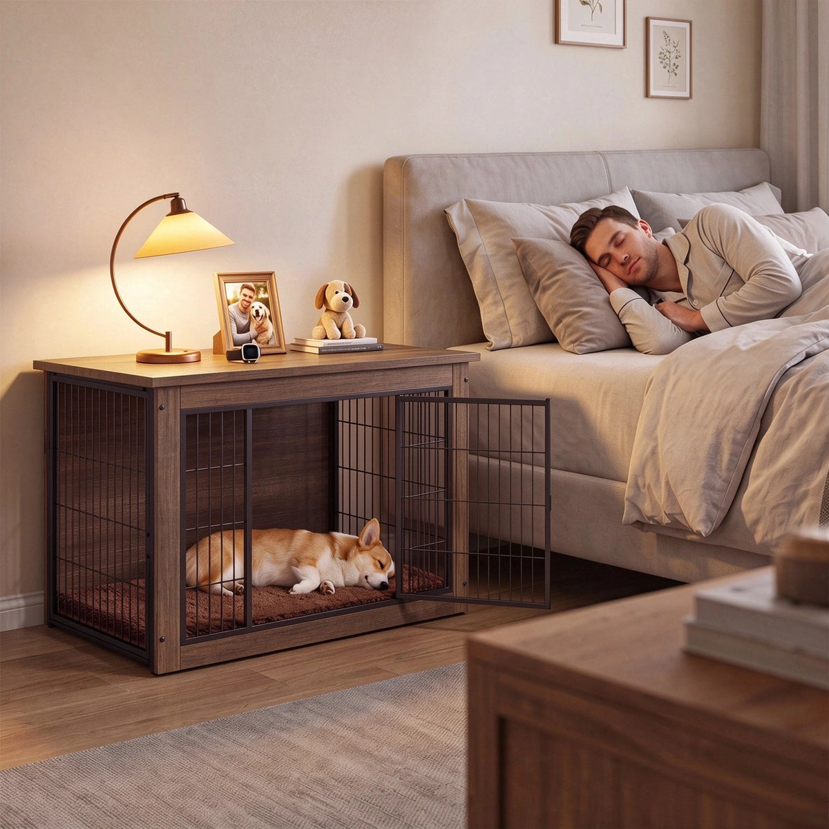 Warcat 3-in-1 Wooden Dog Crate End Table, Furniture Style Dog Crate with Cushion for Medium Dogs, Brown