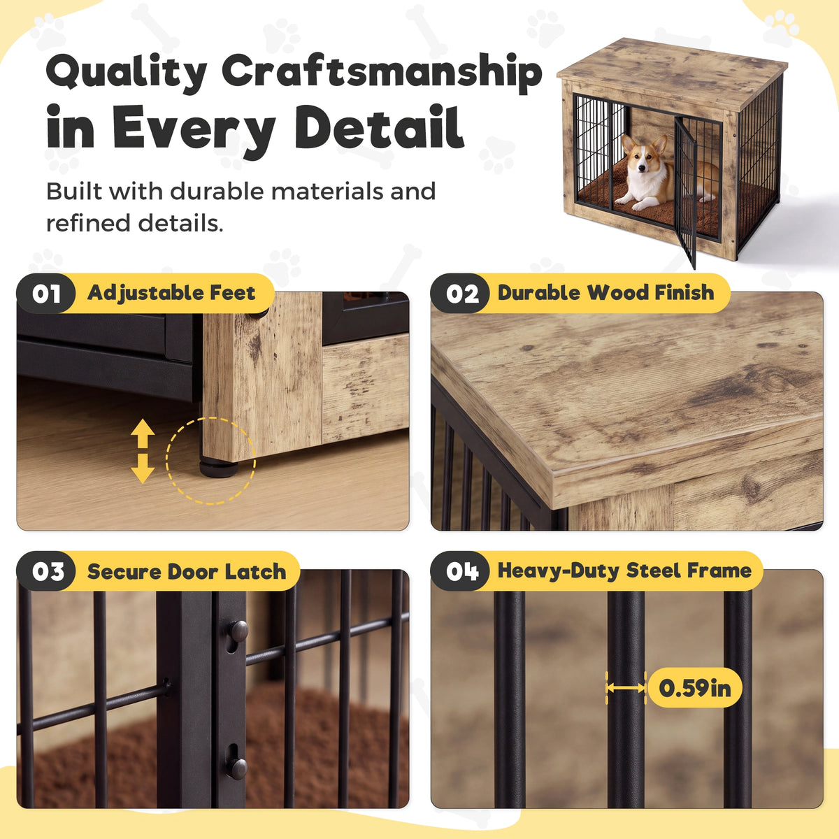 Warcat 3-in-1 Wooden Dog Crate End Table, Furniture Style Dog Crate with Cushion for Medium Dogs, Light Beige Wood Tone