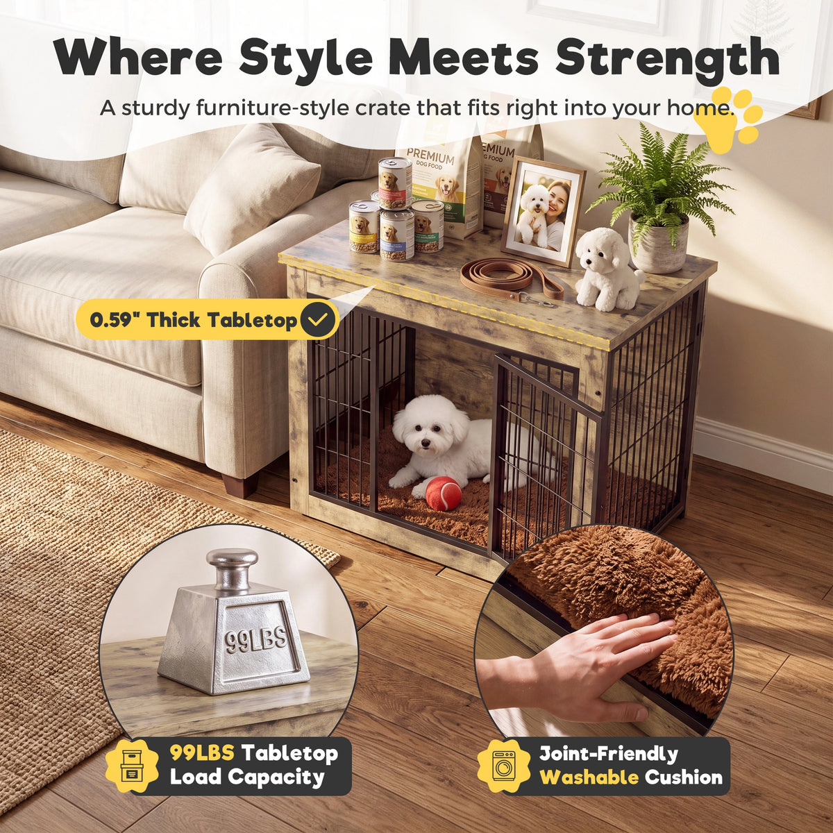 Warcat 3-in-1 Wooden Dog Crate End Table, Furniture Style Dog Crate with Cushion for Medium Dogs, Light Beige Wood Tone