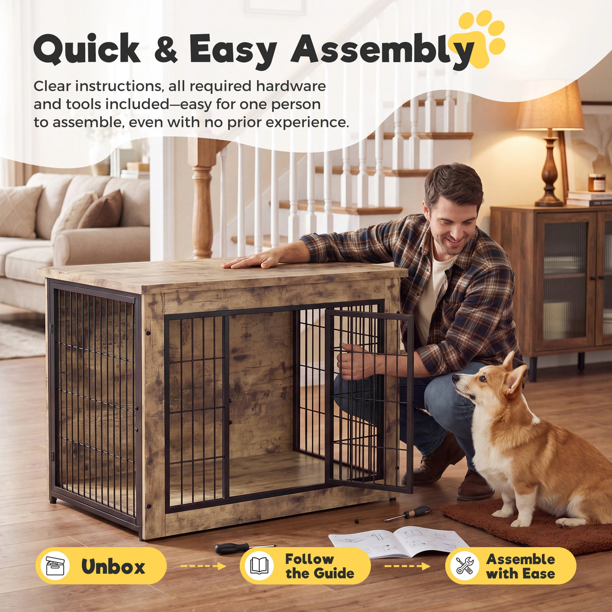 Warcat 3-in-1 Wooden Dog Crate End Table, Furniture Style Dog Crate with Cushion for Medium Dogs, Light Beige Wood Tone