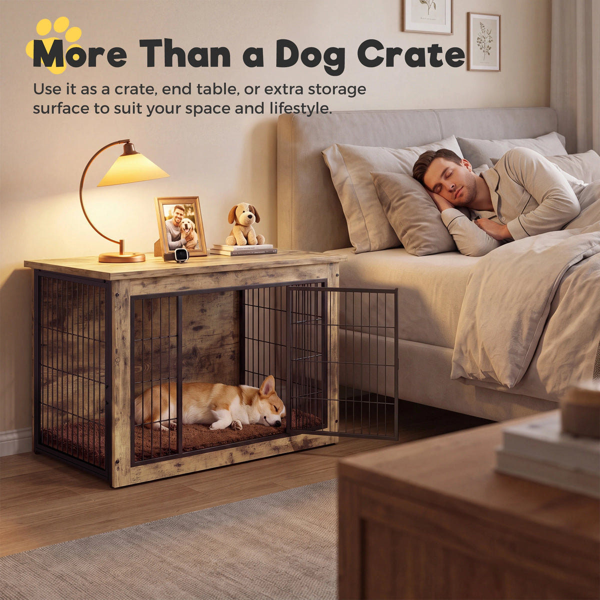 Warcat 3-in-1 Wooden Dog Crate End Table, Furniture Style Dog Crate with Cushion for Medium Dogs, Light Beige Wood Tone