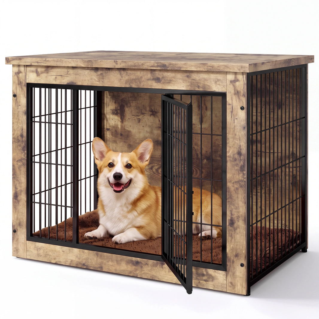 Warcat 3-in-1 Wooden Dog Crate End Table, Furniture Style Dog Crate with Cushion for Medium Dogs, Light Beige Wood Tone