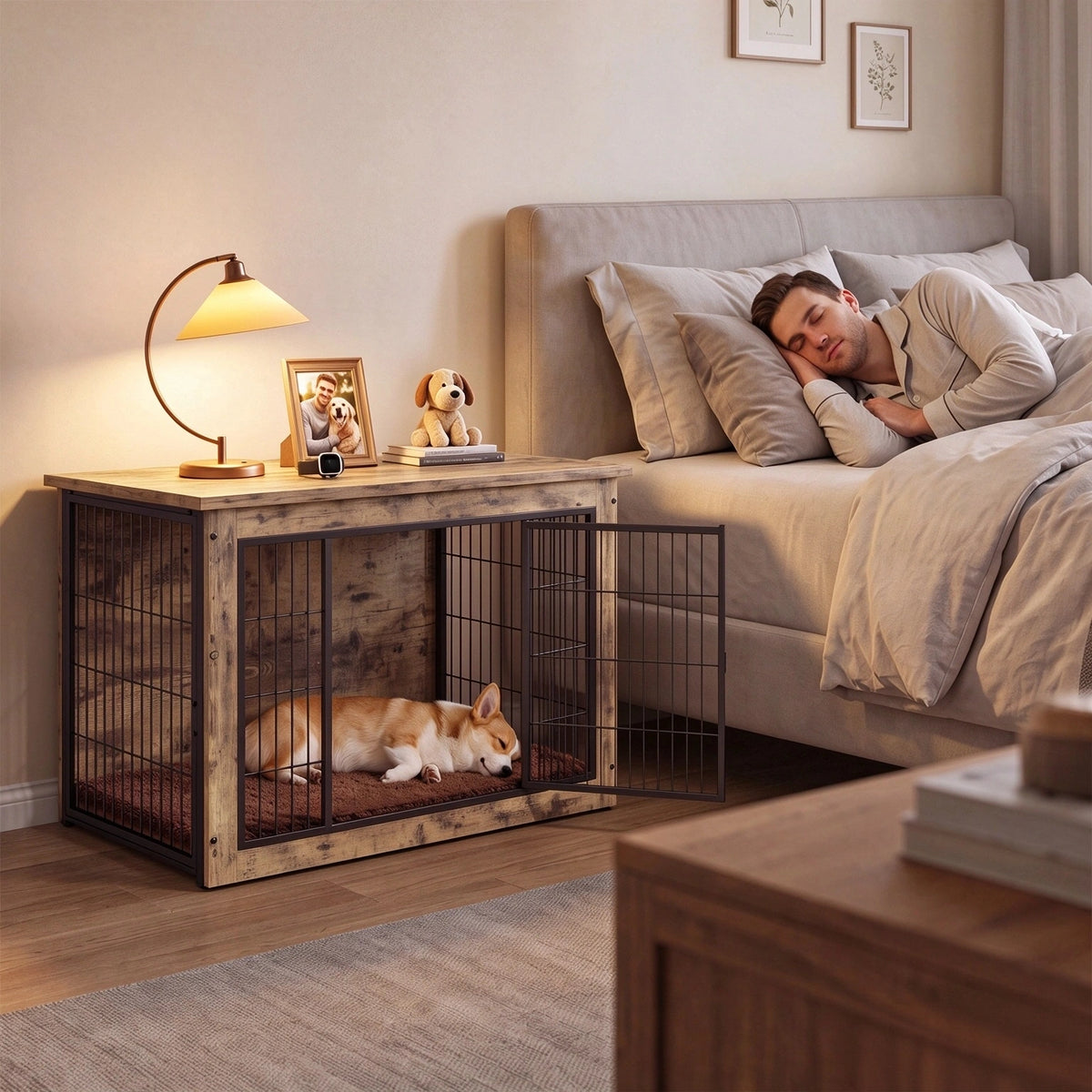 Warcat 3-in-1 Wooden Dog Crate End Table, Furniture Style Dog Crate with Cushion for Medium Dogs, Light Beige Wood Tone