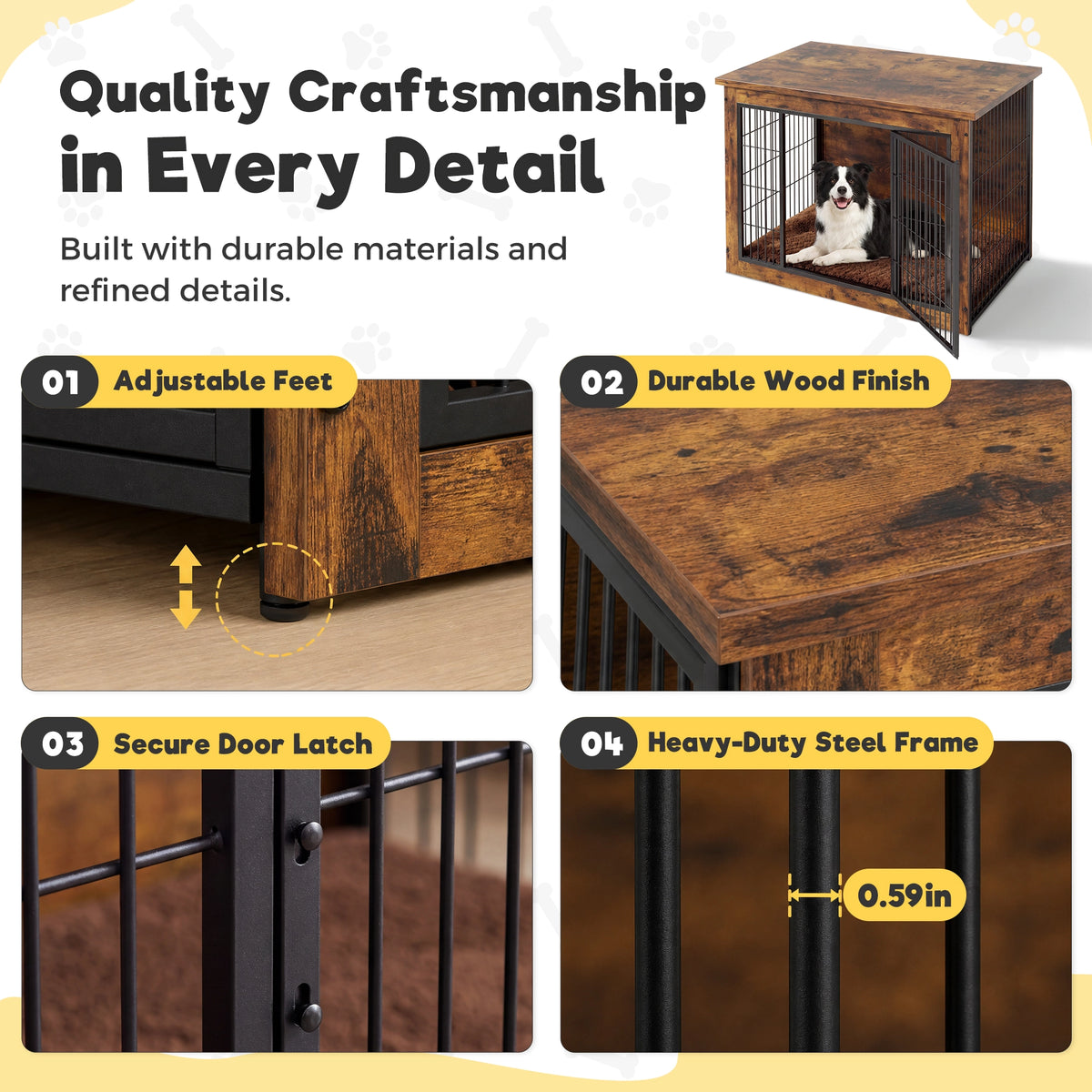 Warcat 3-in-1 Wooden Dog Crate End Table, Furniture Style Dog Crate with Cushion for Large Dogs, Rustic Brown