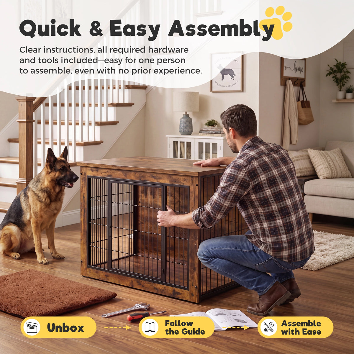 Warcat 3-in-1 Wooden Dog Crate End Table, Furniture Style Dog Crate with Cushion for Large Dogs, Rustic Brown