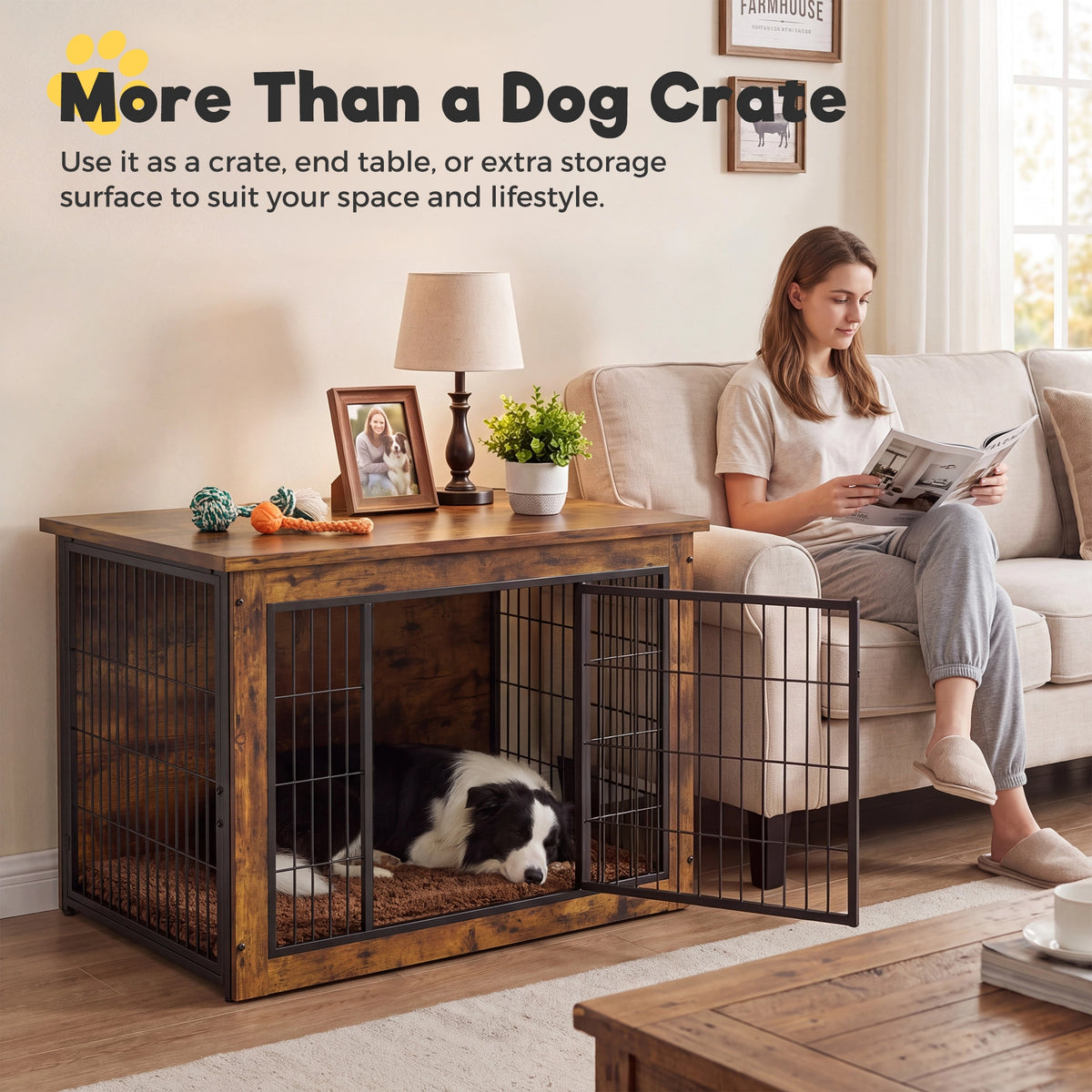 Warcat 3-in-1 Wooden Dog Crate End Table, Furniture Style Dog Crate with Cushion for Large Dogs, Rustic Brown