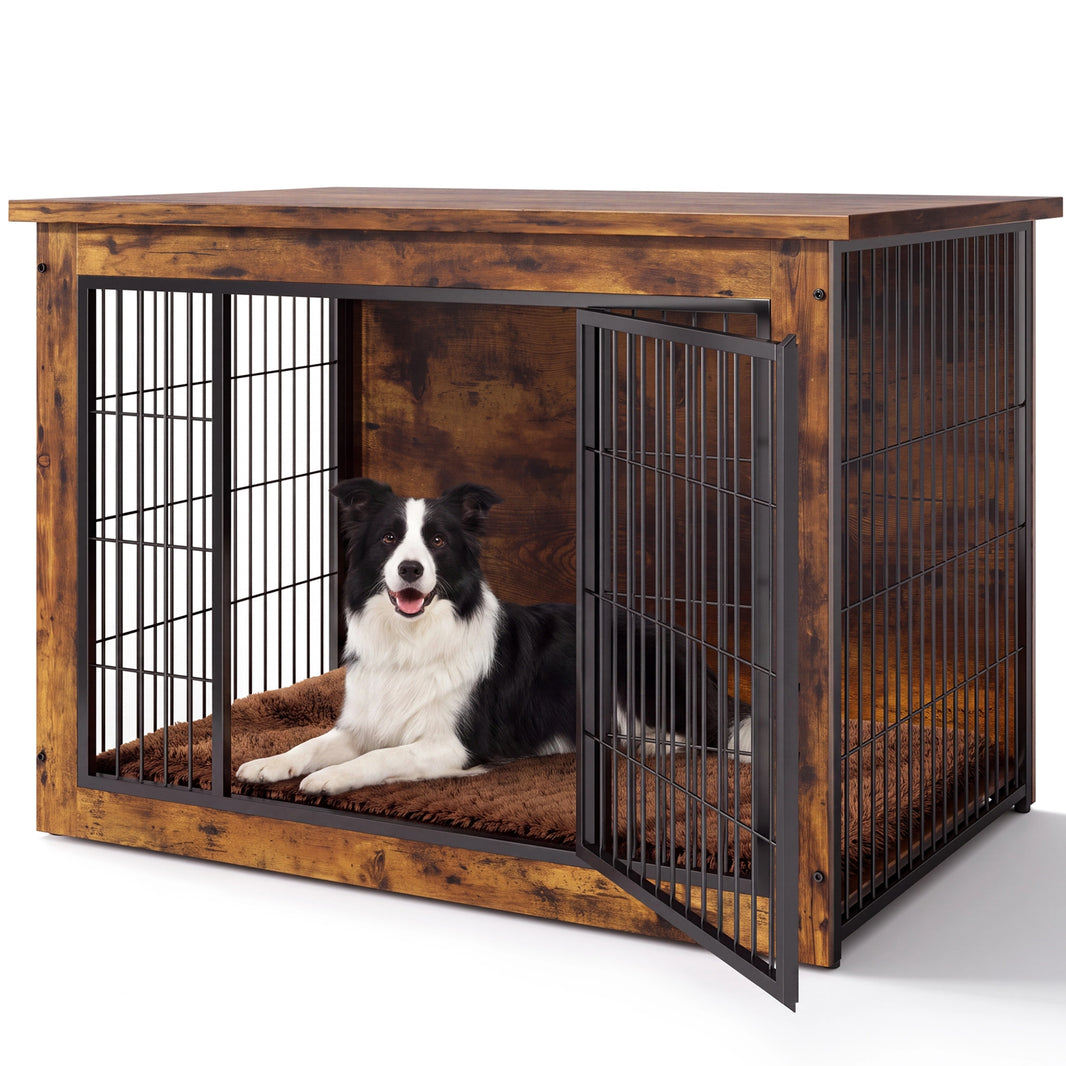 Warcat 3-in-1 Wooden Dog Crate End Table, Furniture Style Dog Crate with Cushion for Large Dogs, Rustic Brown