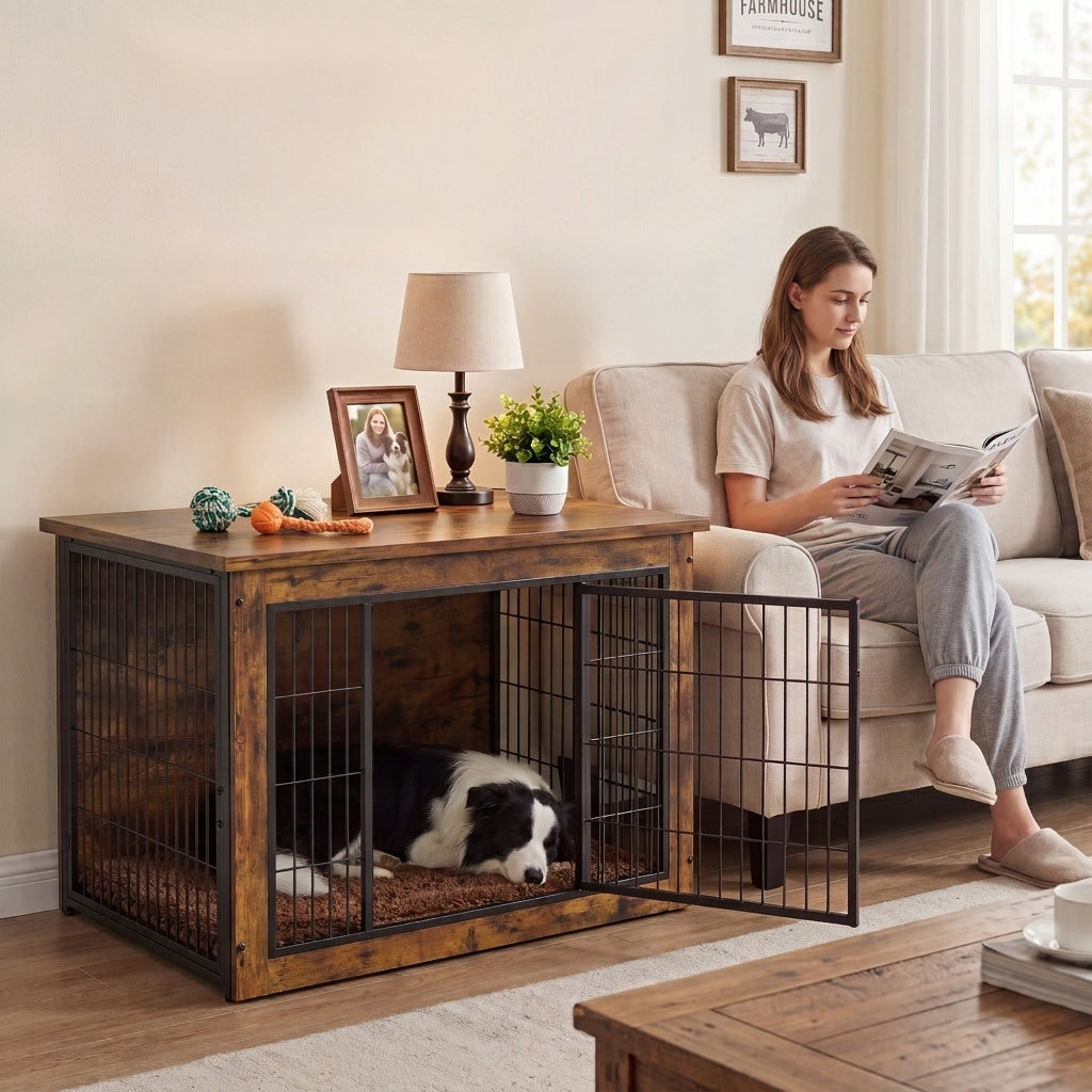 Warcat 3-in-1 Wooden Dog Crate End Table, Furniture Style Dog Crate with Cushion for Large Dogs, Rustic Brown
