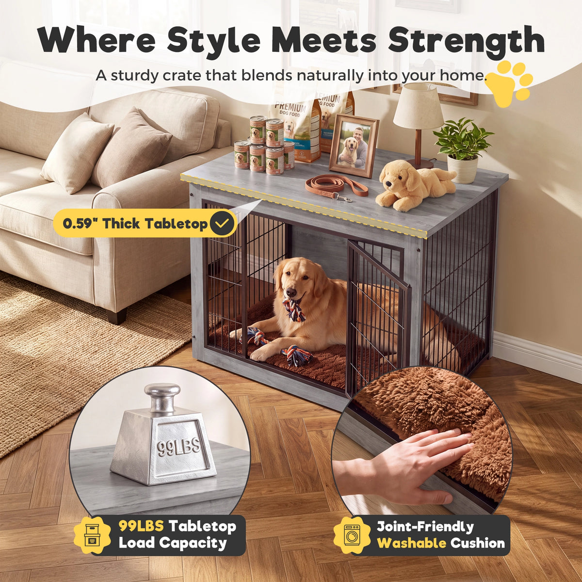 Warcat 3-in-1 Wooden Dog Crate End Table, Furniture Style Dog Crate with Cushion for Large Dogs, Light Gray