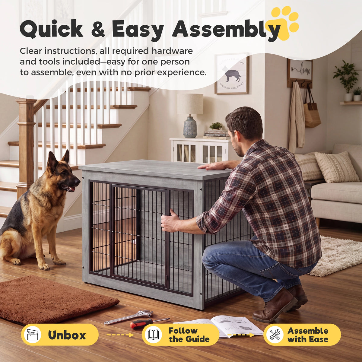 Warcat 3-in-1 Wooden Dog Crate End Table, Furniture Style Dog Crate with Cushion for Large Dogs, Light Gray