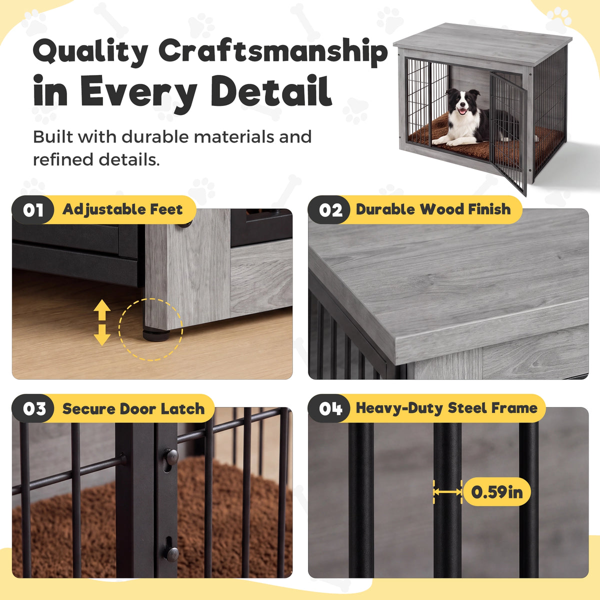 Warcat 3-in-1 Wooden Dog Crate End Table, Furniture Style Dog Crate with Cushion for Large Dogs, Light Gray