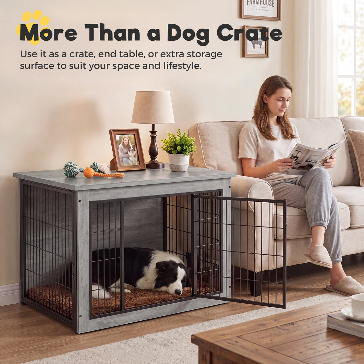 Warcat 3-in-1 Wooden Dog Crate End Table, Furniture Style Dog Crate with Cushion for Large Dogs, Light Gray