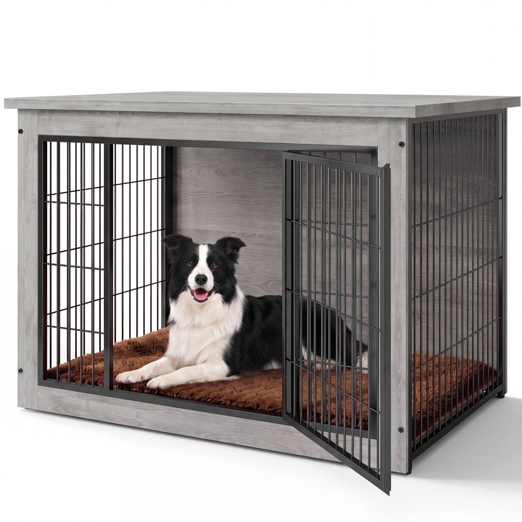 Warcat 3-in-1 Wooden Dog Crate End Table, Furniture Style Dog Crate with Cushion for Large Dogs, Light Gray