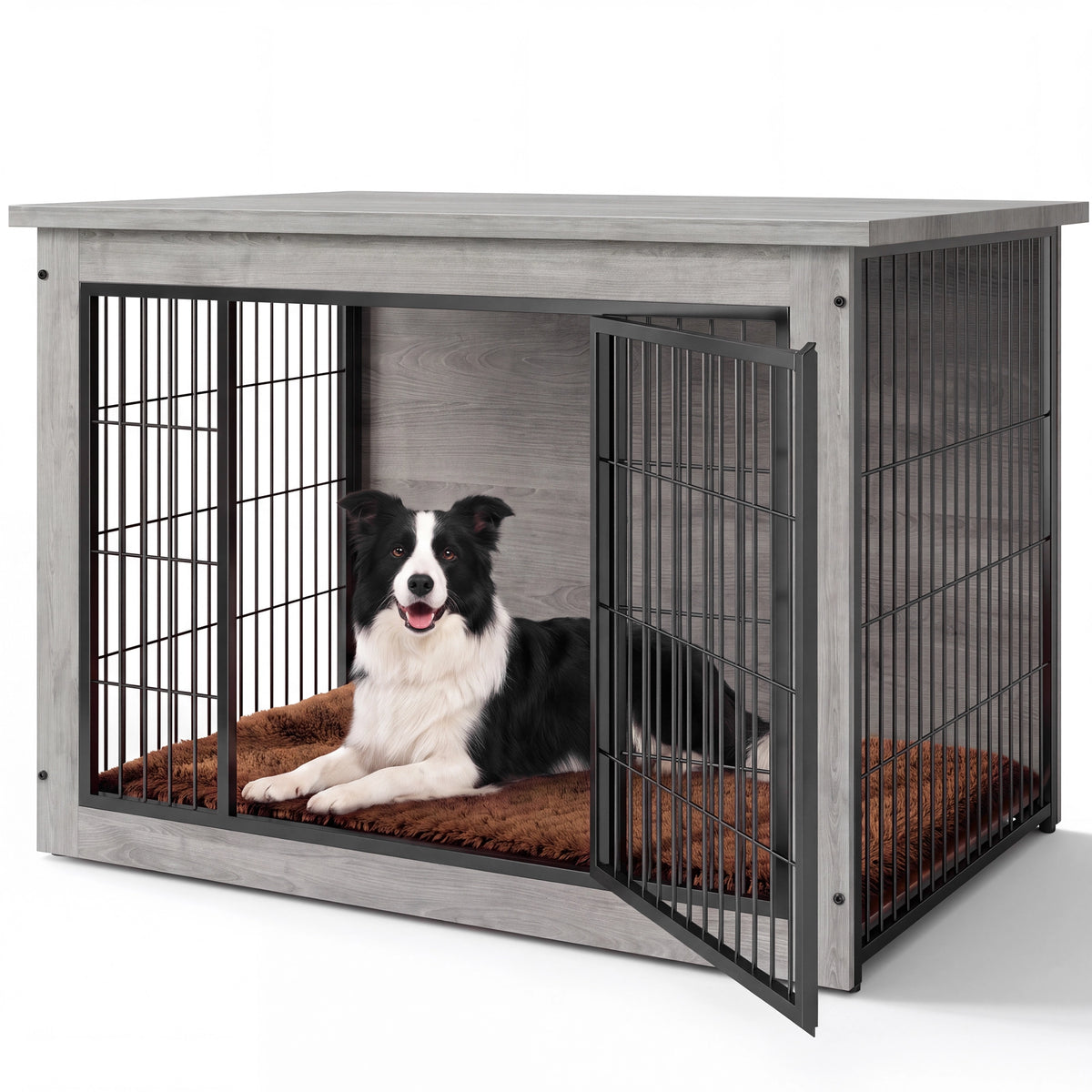 Warcat 3-in-1 Wooden Dog Crate End Table, Furniture Style Dog Crate with Cushion for Large Dogs, Light Gray