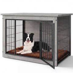 Warcat 3-in-1 Wooden Dog Crate End Table, Furniture Style Dog Crate with Cushion for Large Dogs, Light Gray