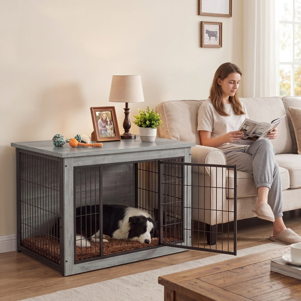 Warcat 3-in-1 Wooden Dog Crate End Table, Furniture Style Dog Crate with Cushion for Large Dogs, Light Gray
