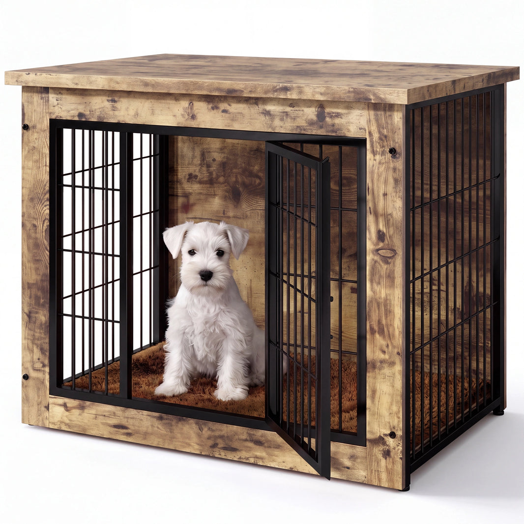 Warcat 3-in-1 Wooden Dog Crate End Table, Furniture Style Dog Crate with Cushion for small Dogs, Light Beige Wood Tone