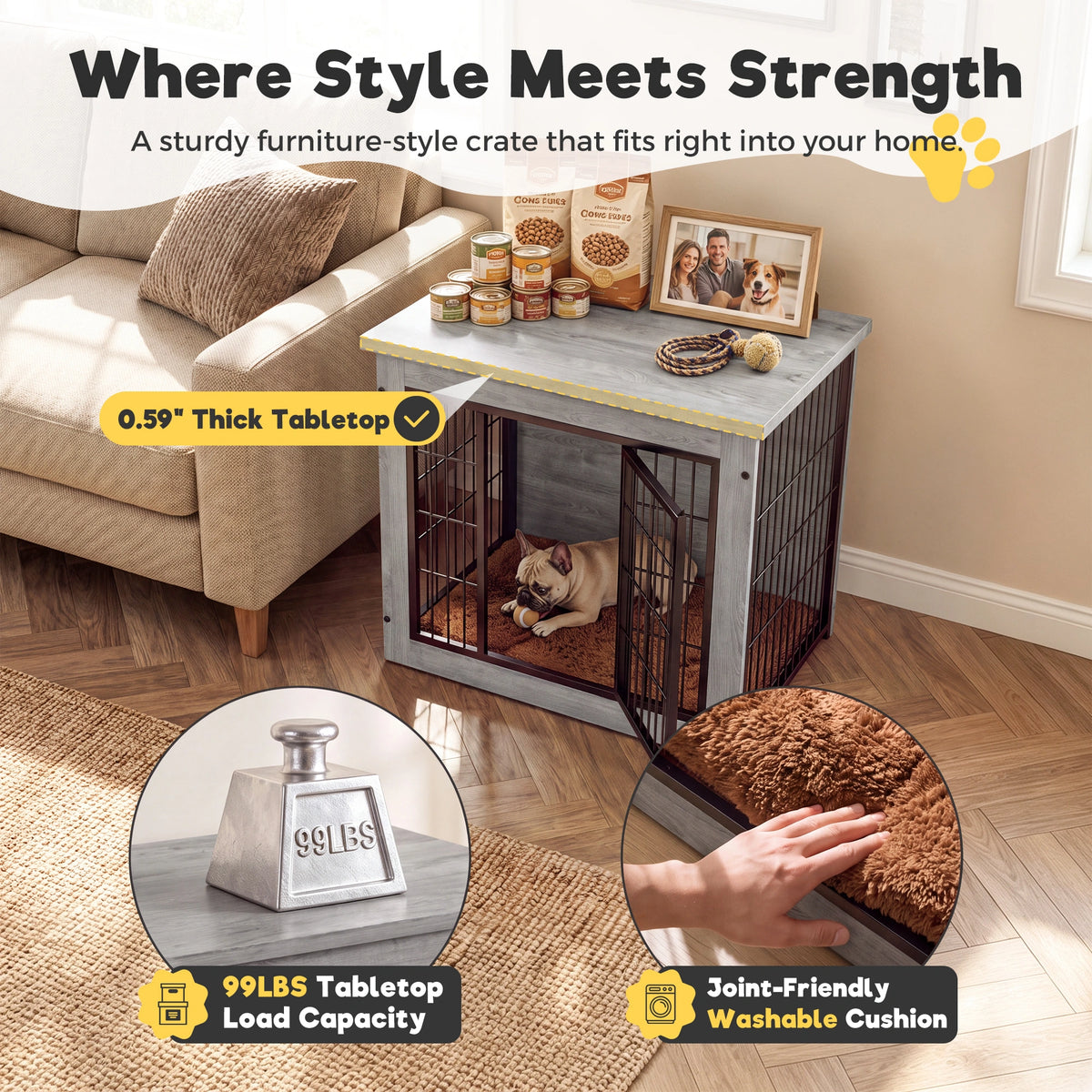 Warcat 3-in-1 Wooden Dog Crate End Table, Furniture Style Dog Crate with Cushion for Small Dogs, Light Gray