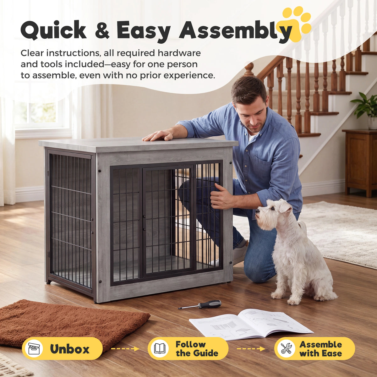 Warcat 3-in-1 Wooden Dog Crate End Table, Furniture Style Dog Crate with Cushion for Small Dogs, Light Gray