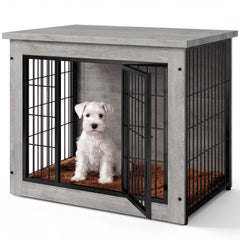 Warcat 3-in-1 Wooden Dog Crate End Table, Furniture Style Dog Crate with Cushion for Small Dogs, Light Gray