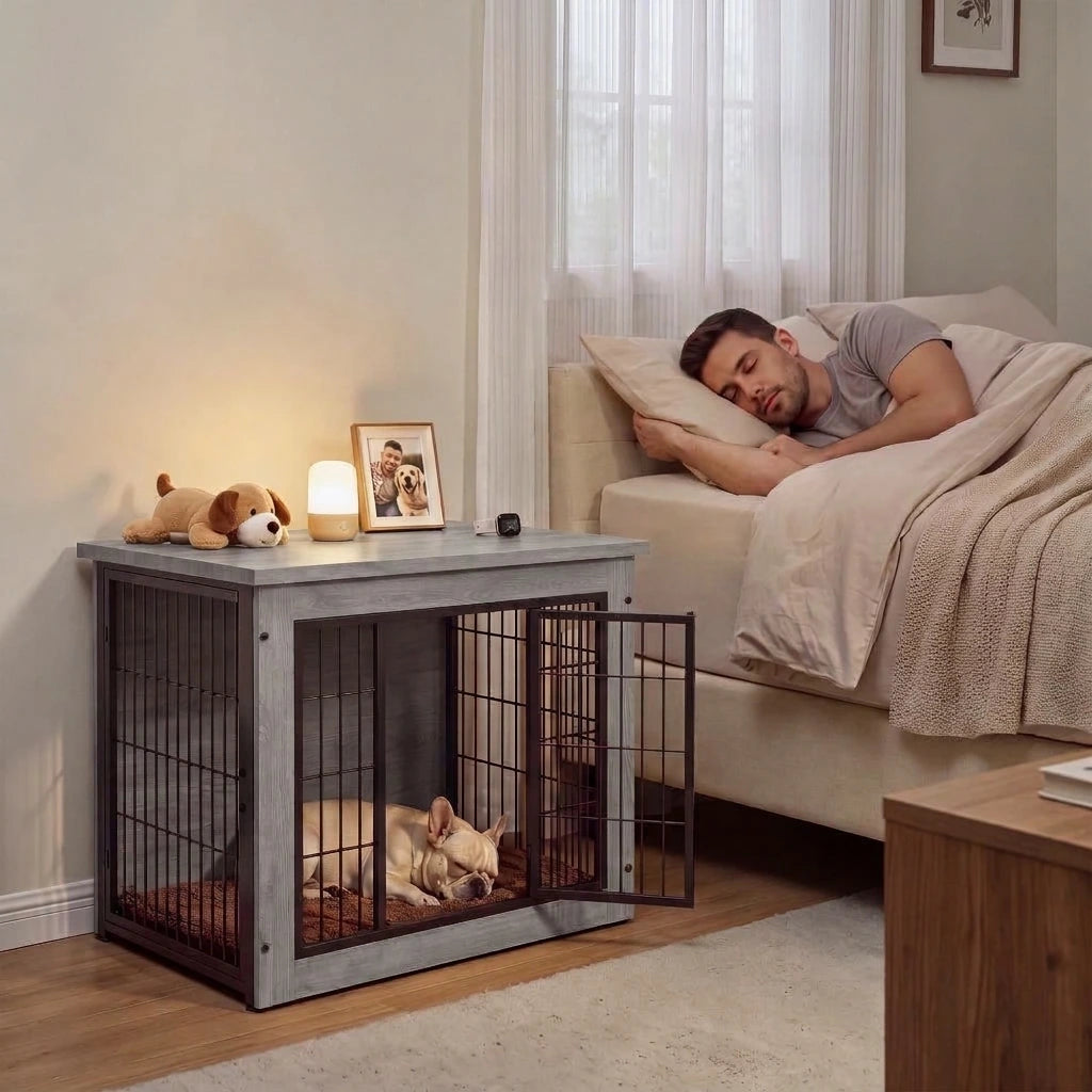 Warcat 3-in-1 Wooden Dog Crate End Table, Furniture Style Dog Crate with Cushion for Small Dogs, Light Gray