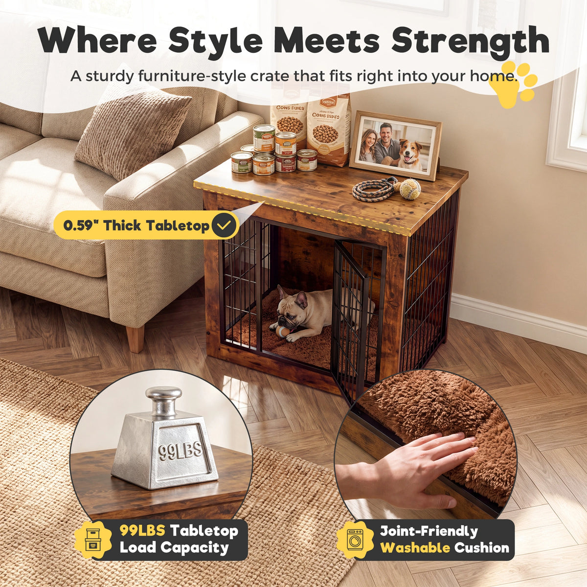 Warcat 3-in-1 Wooden Dog Crate End Table, Furniture Style Dog Crate with Cushion for Small Dogs, Rustic Brown