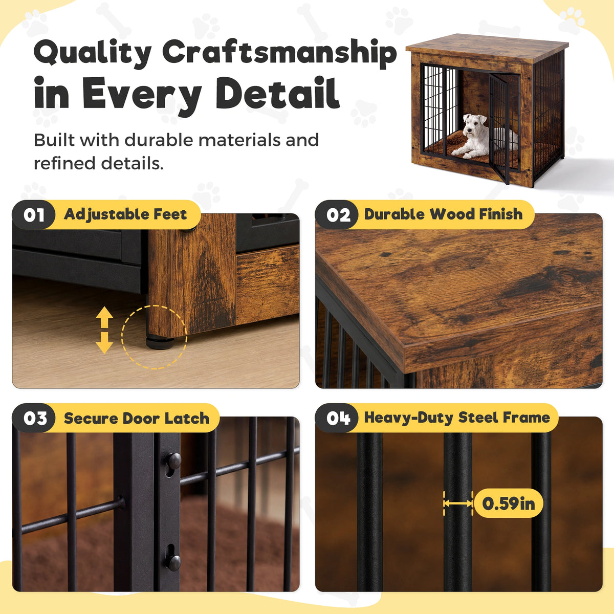 Warcat 3-in-1 Wooden Dog Crate End Table, Furniture Style Dog Crate with Cushion for Small Dogs, Rustic Brown