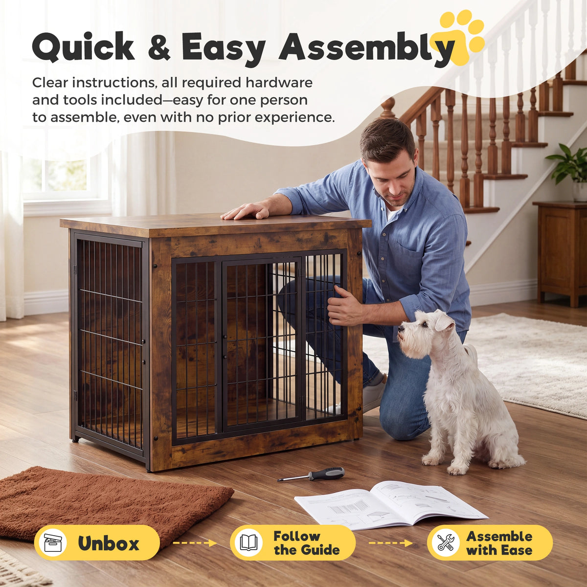 Warcat 3-in-1 Wooden Dog Crate End Table, Furniture Style Dog Crate with Cushion for Small Dogs, Rustic Brown