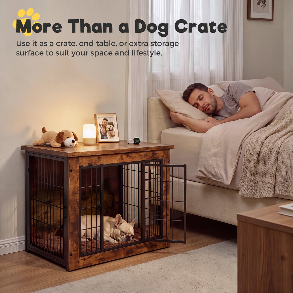 Warcat 3-in-1 Wooden Dog Crate End Table, Furniture Style Dog Crate with Cushion for Small Dogs, Rustic Brown