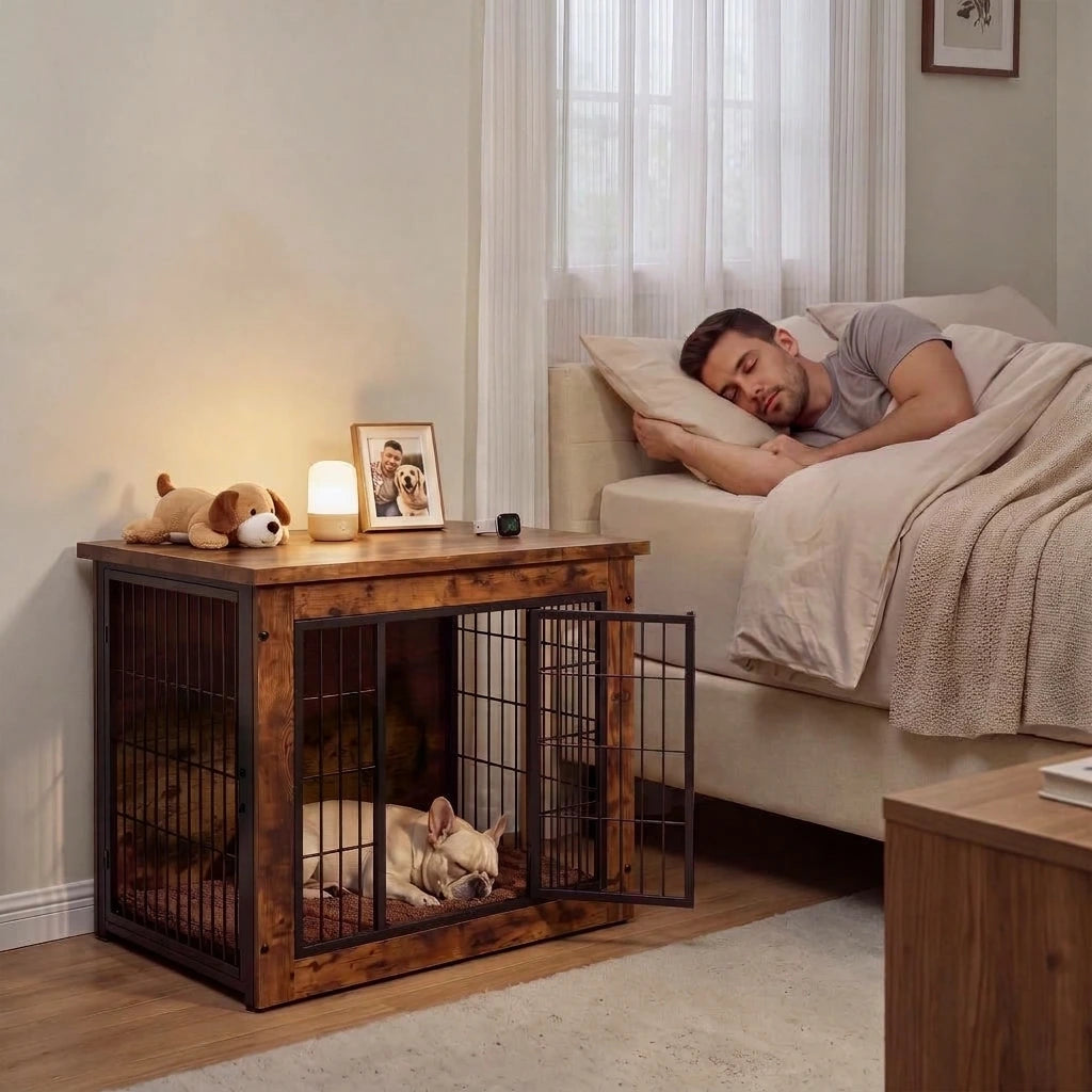 Warcat 3-in-1 Wooden Dog Crate End Table, Furniture Style Dog Crate with Cushion for Small Dogs, Rustic Brown